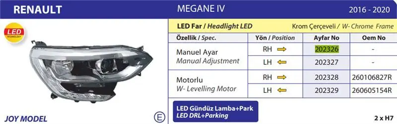 Renault Megane 4 Joy Model Ledli Krom Çerçeveli (16-20) Motorlu Sol Far